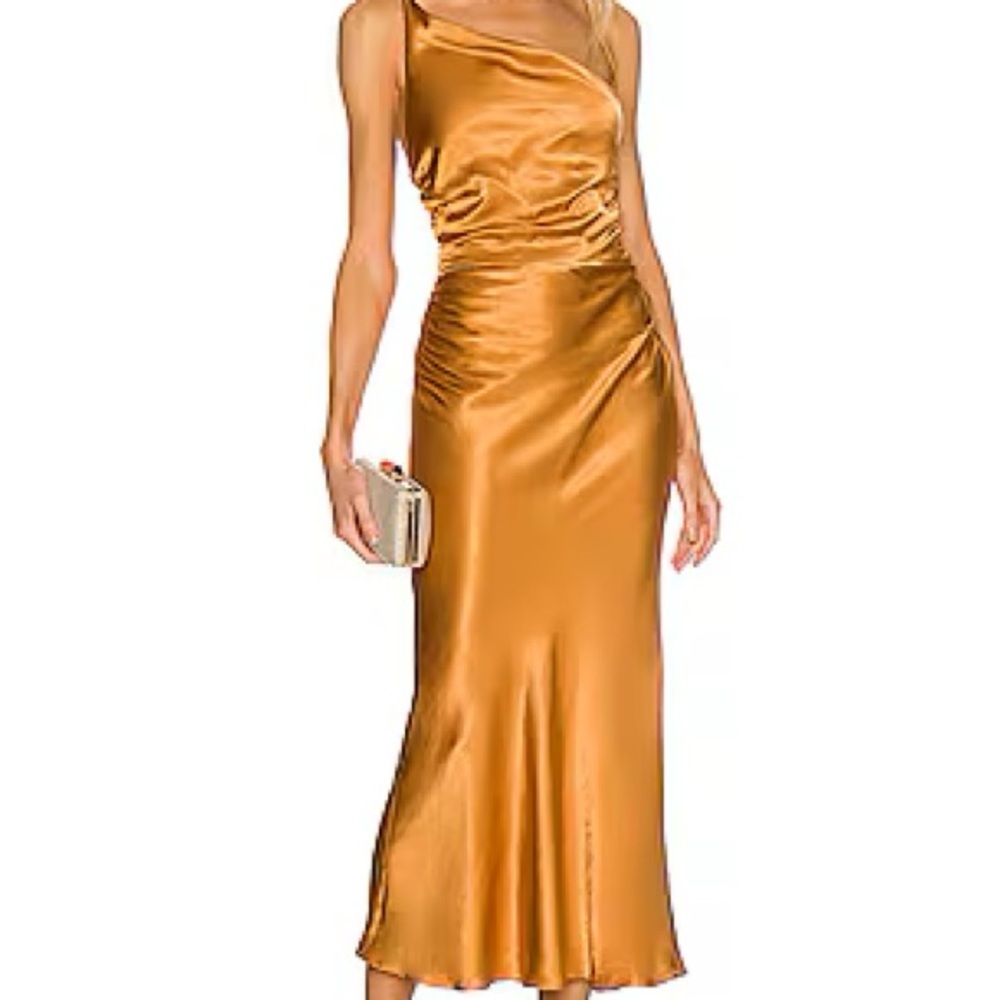 SHONA JOY Alma Asymmetrical Bias Cowl Midi Dress in Turmeric